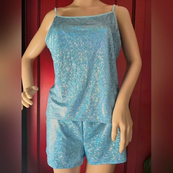 None Tops - NWOT Sparkly Iridescent Baby Blue Tank Top Shorts Hot Pants Rave Set M 8 10 Jr L